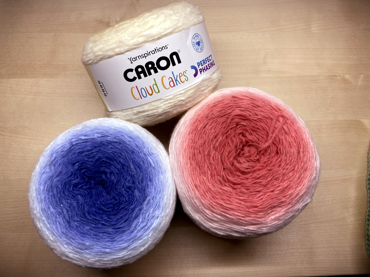 3 cakes of Caron Cloud Cakes Perfect Phasing yarn